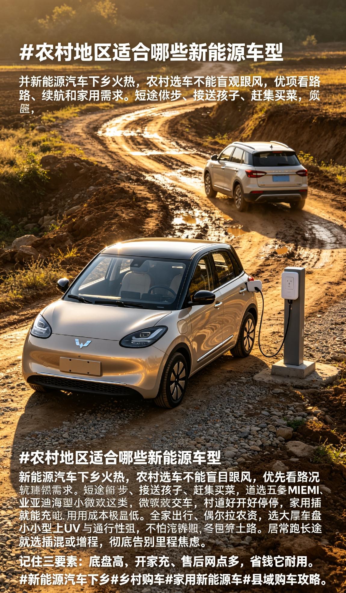 新能源汽车下乡火热，农村选车不能盲目跟风，优先看路况、续航和家用需求。短途代步