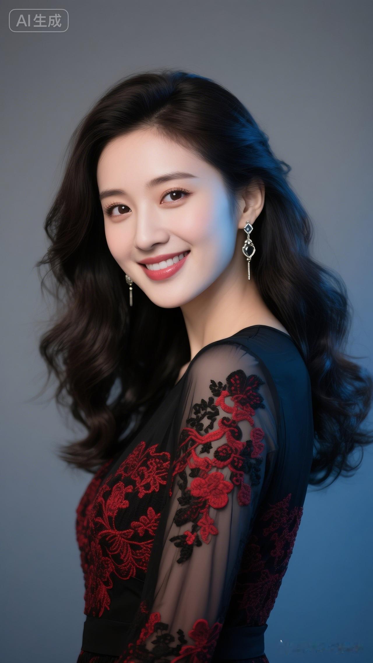 佳人微卷长发，妆容精致，明眸长睫，耳环轻摇。她颔首浅笑，亲切温和，每一处细节都美