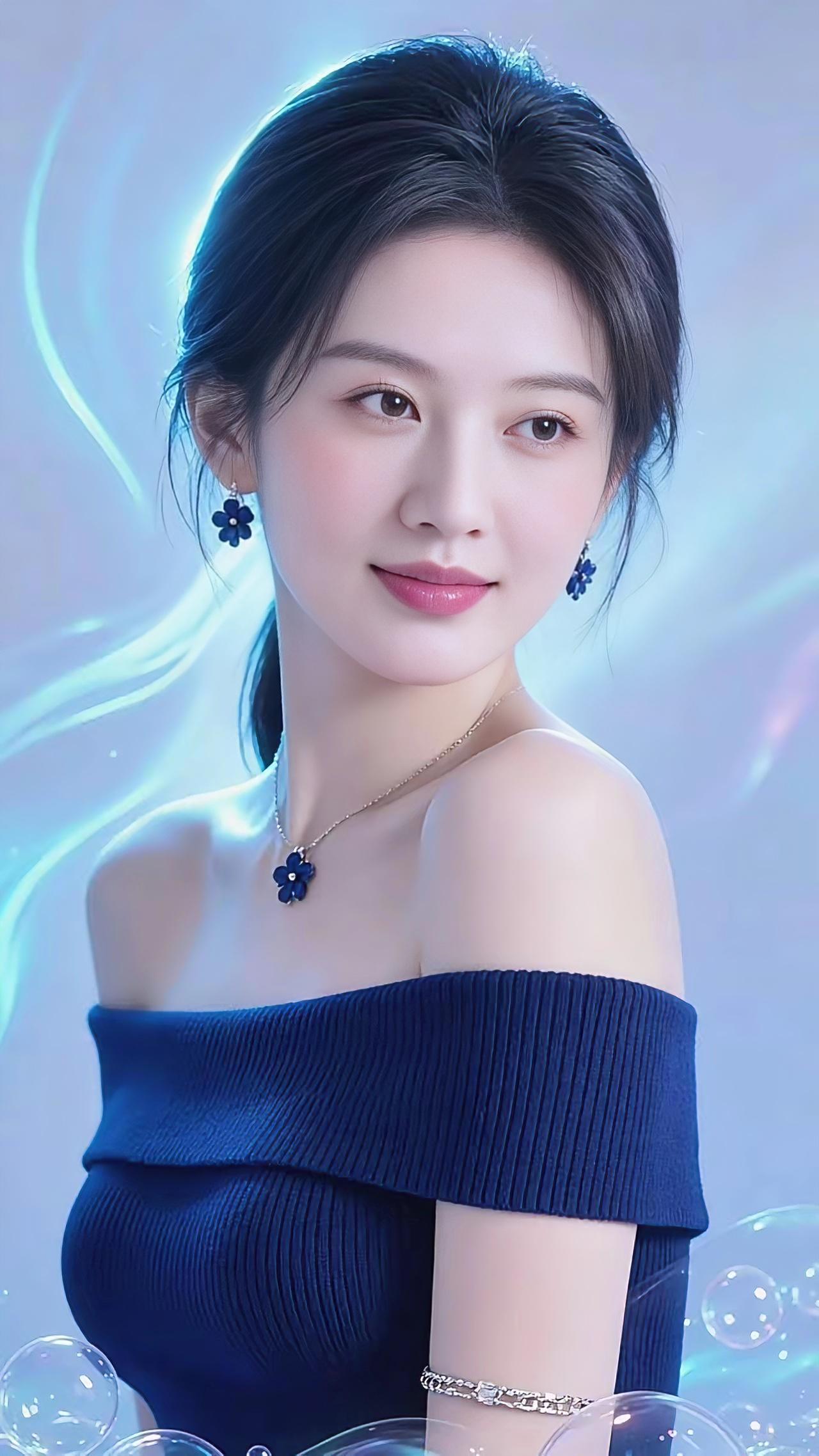 蓝韵芳颜一袭蓝衣逸韵扬，花形耳饰衬容光。青丝轻挽眉清隽，笑靥柔温眼底藏。