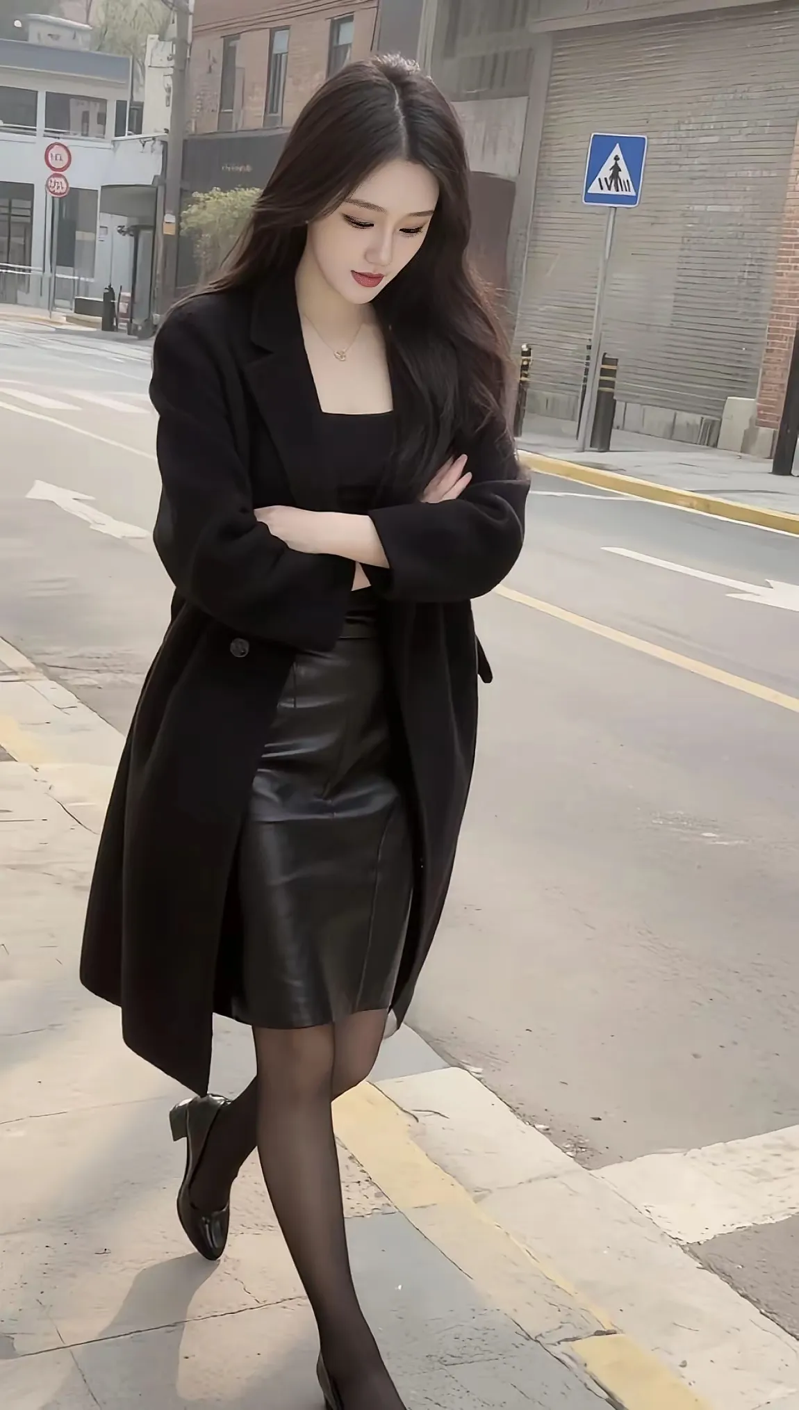 都市女郎的时尚穿搭，黑色皮裙与大衣的搭配，尽显优雅与自信。