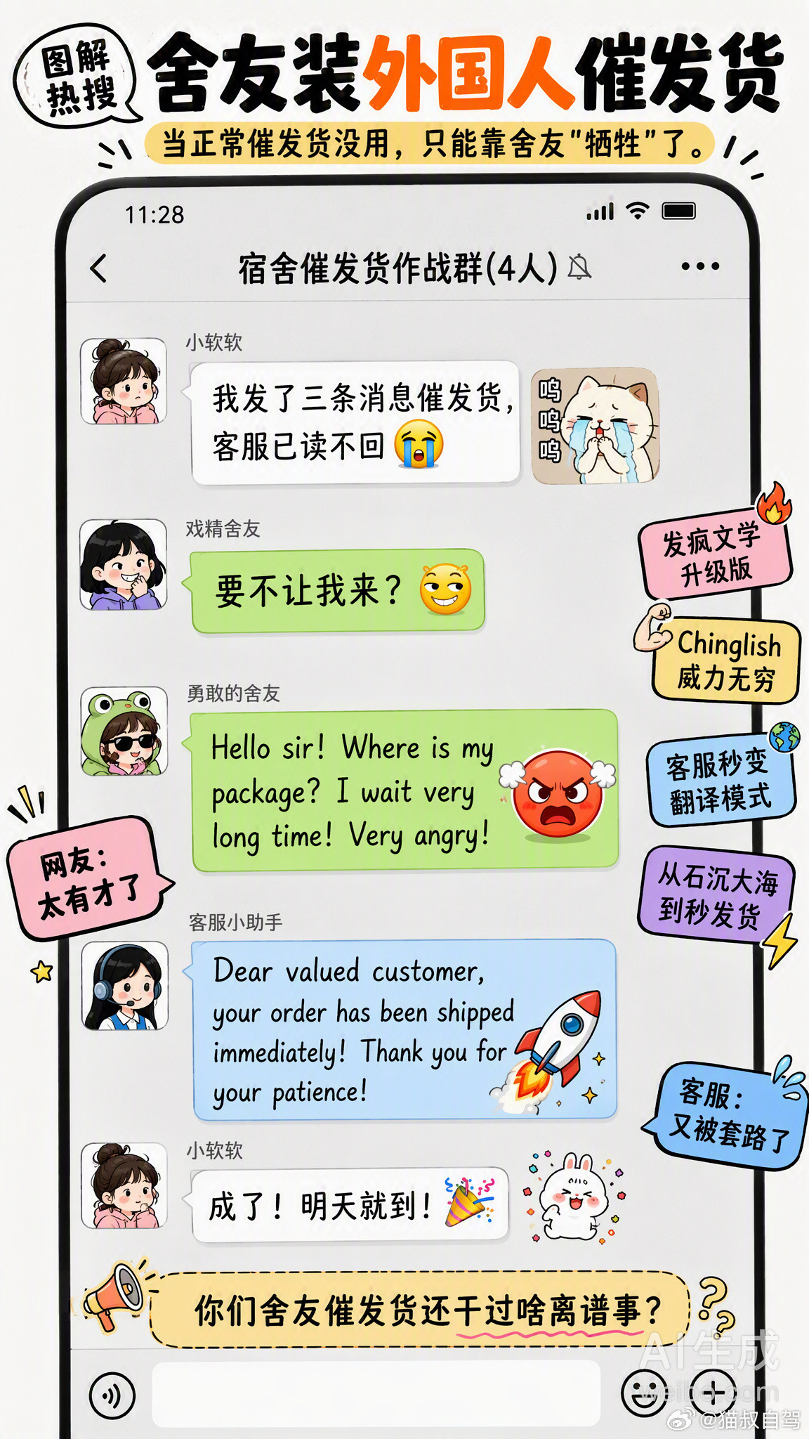 笑不活了！最近网上又火了一种新型催发货方式——让舍友假装外国人给客服发...