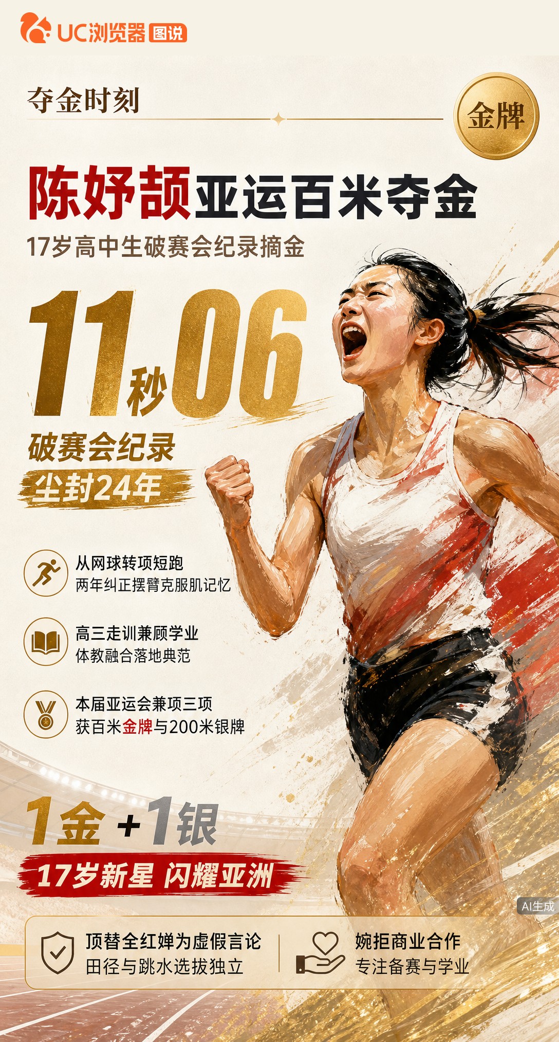 17岁陈妤颉11秒06夺亚运百米金牌，破尘封24年赛会纪录！从网球转项短跑两年，兼顾高三学业，这枚金