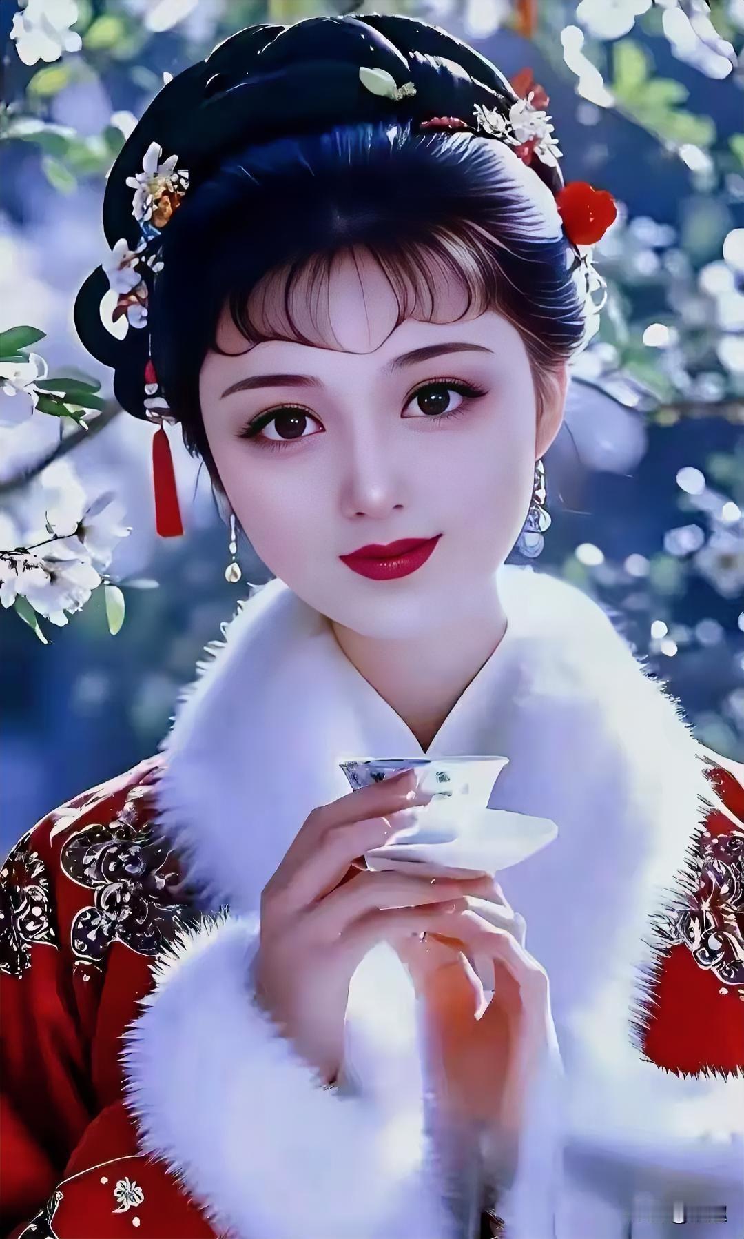 穿越时空的古典美人，手持茶杯，韵味十足。