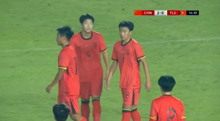 万项倒三角助攻, 张旭尧低射破门, 国少两球领先东帝汶