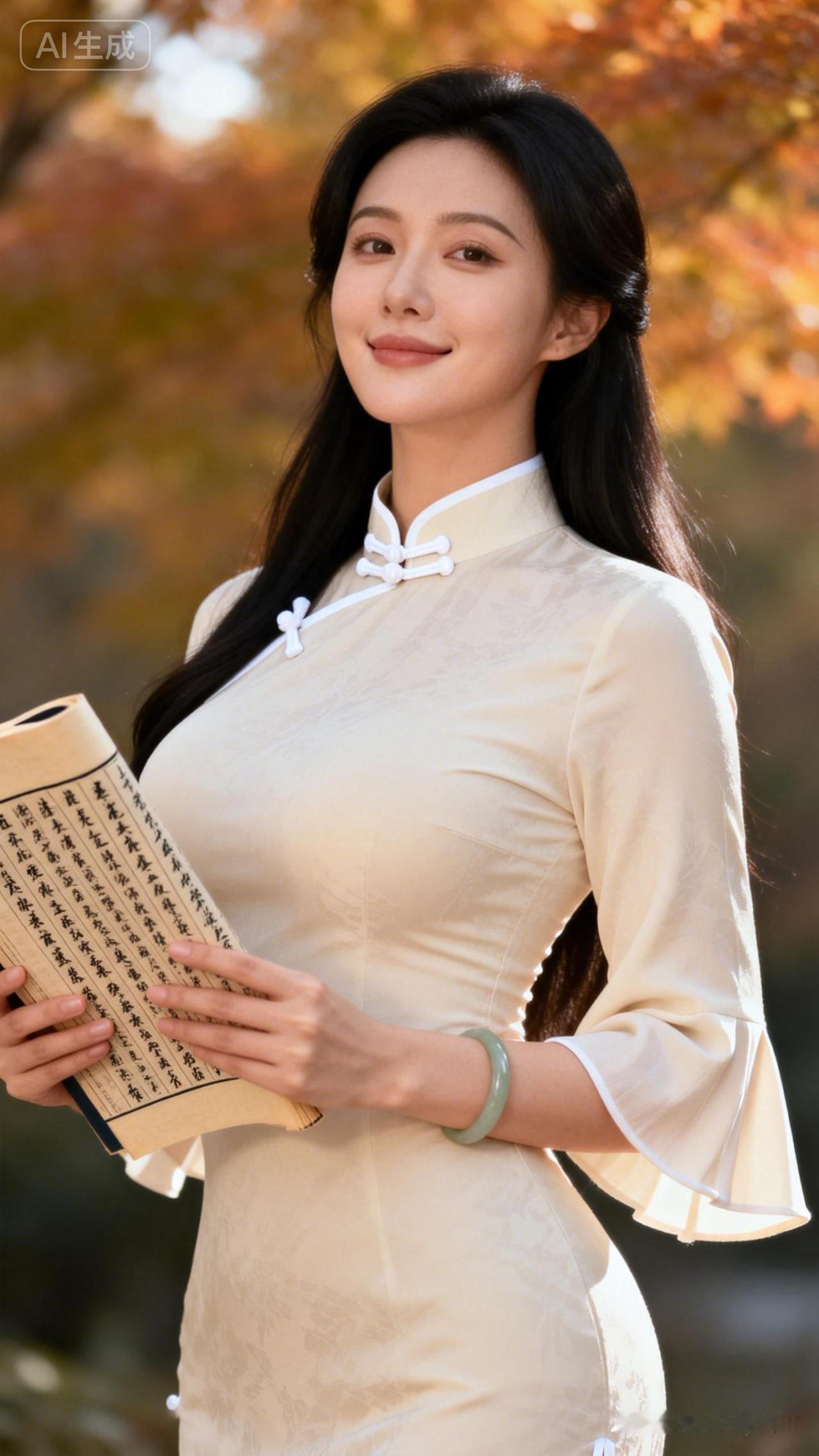 秋日暖阳下，手持古书，古典韵味十足。
