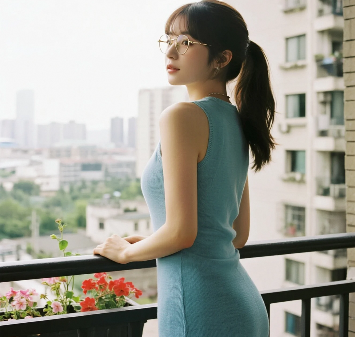 清风徐来，心随景动：阳台上的清纯妹子，美得不食人间烟火