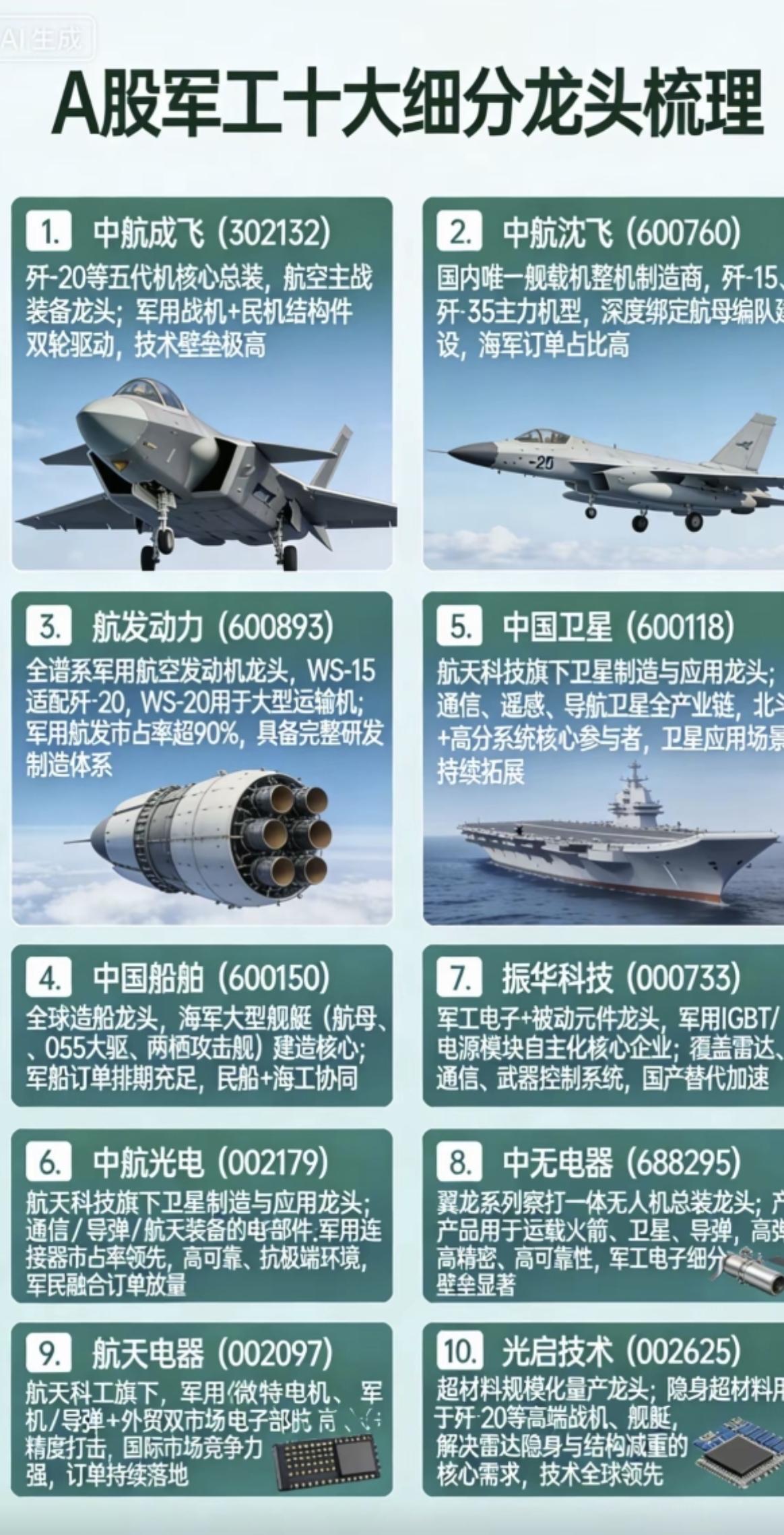 A股军工十大细分龙头！1.战机2.卫星导航3.船舶制造4.军工电子5