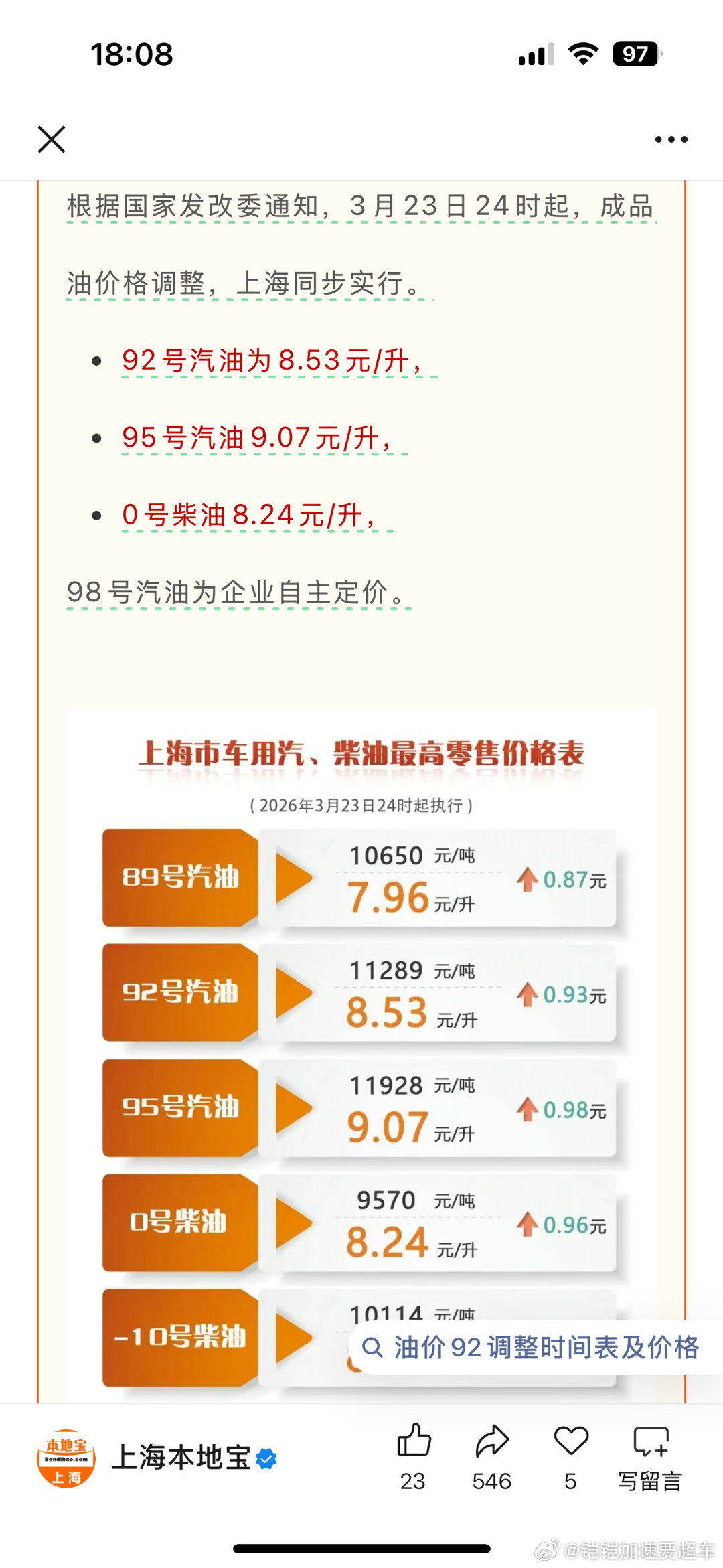 油价根据国家发改委通知，3月23日24时起，成品油价格调整，上海同步实行。92