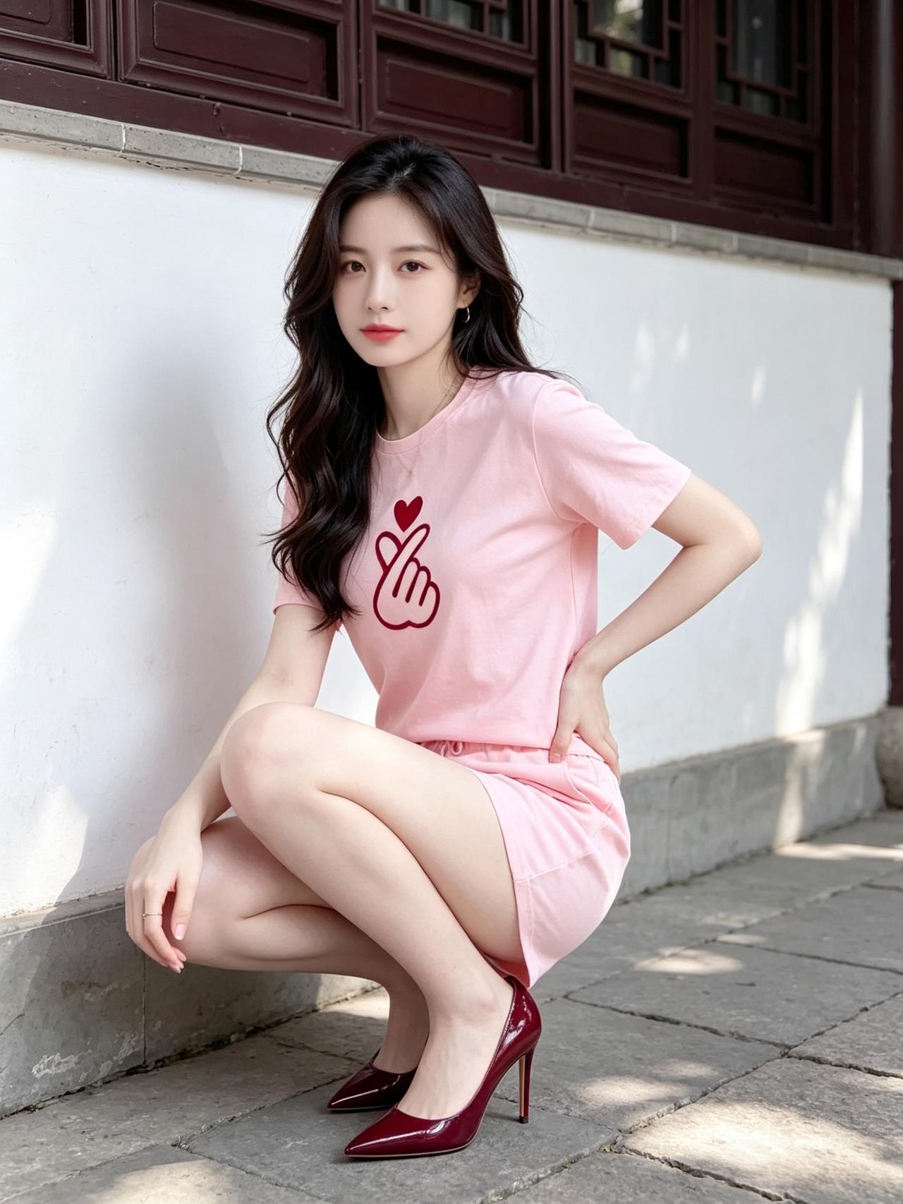 女孩子怎么穿搭既时尚又好看?粉色少女心套装太甜啦！搭配红高跟鞋，在古建筑前定格温
