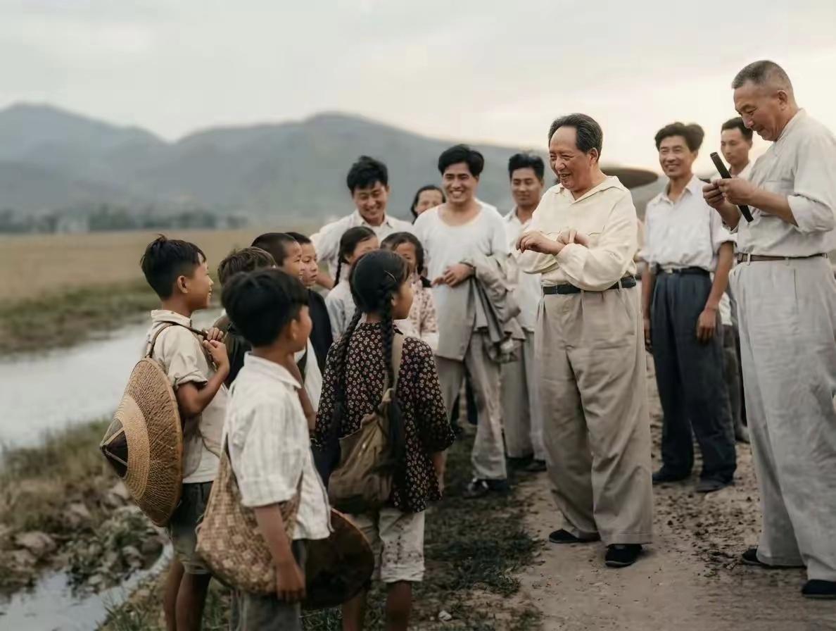 这是1959年6月27日，毛主席回韶山，在乡间小道上和当地孩童交谈，在旁边站立的