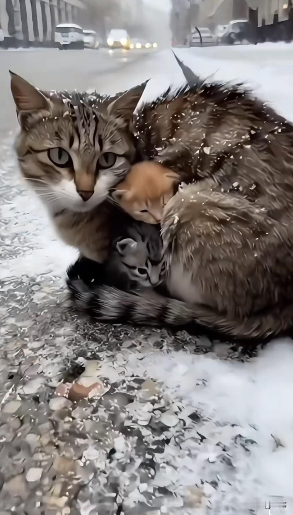 泪目了！这是一个暴雪天，一只流浪猫妈妈带着两只小奶猫到处找寻食物，可始终没有找到