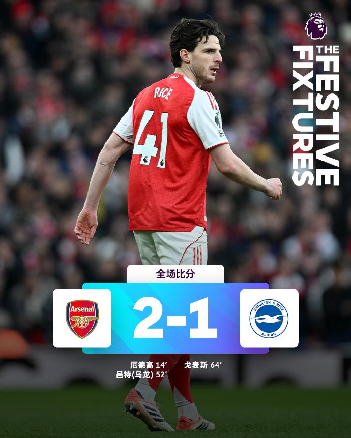 全场比分|阿森纳2-1布莱顿⚽第14分钟，萨卡右路拿球横敲，厄德高远