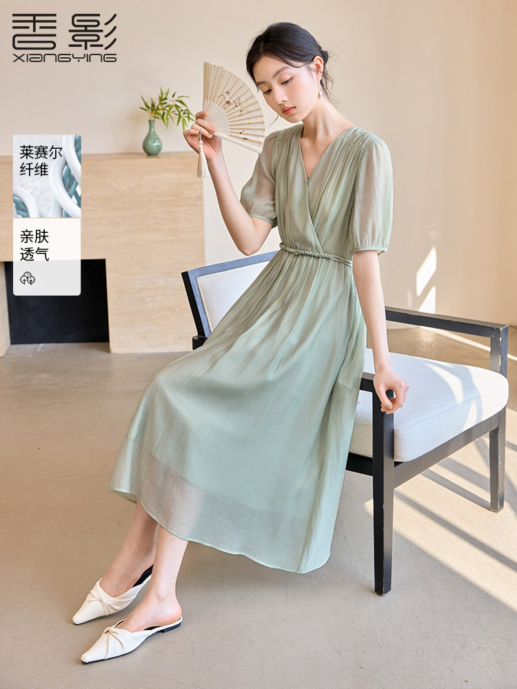 香影新中式天丝连衣裙女绿色裙子