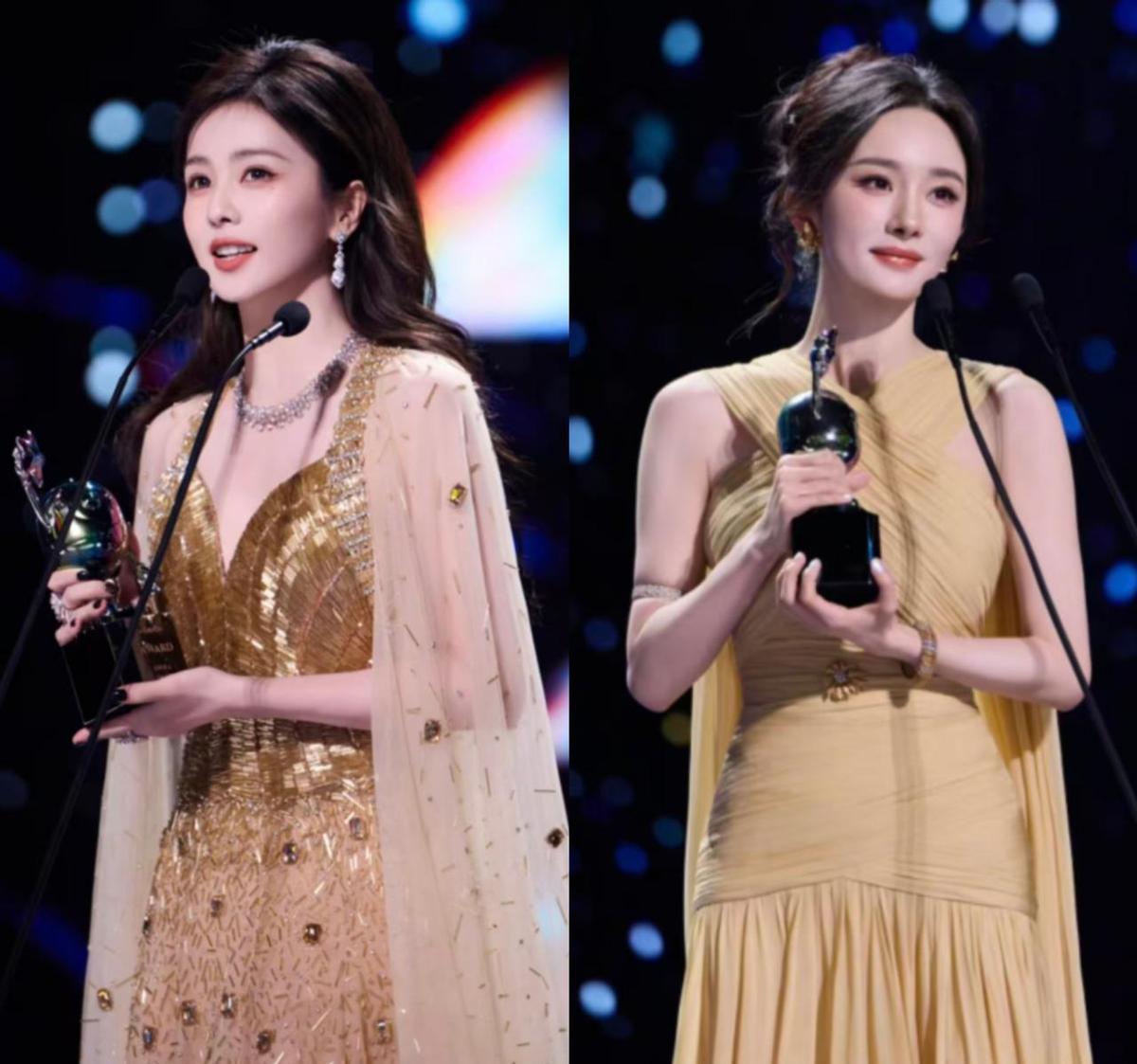 尖叫之夜的红毯两条黄裙子撞了色却没撞出半分尴尬杨幂那条是高定款腰侧缠绕的