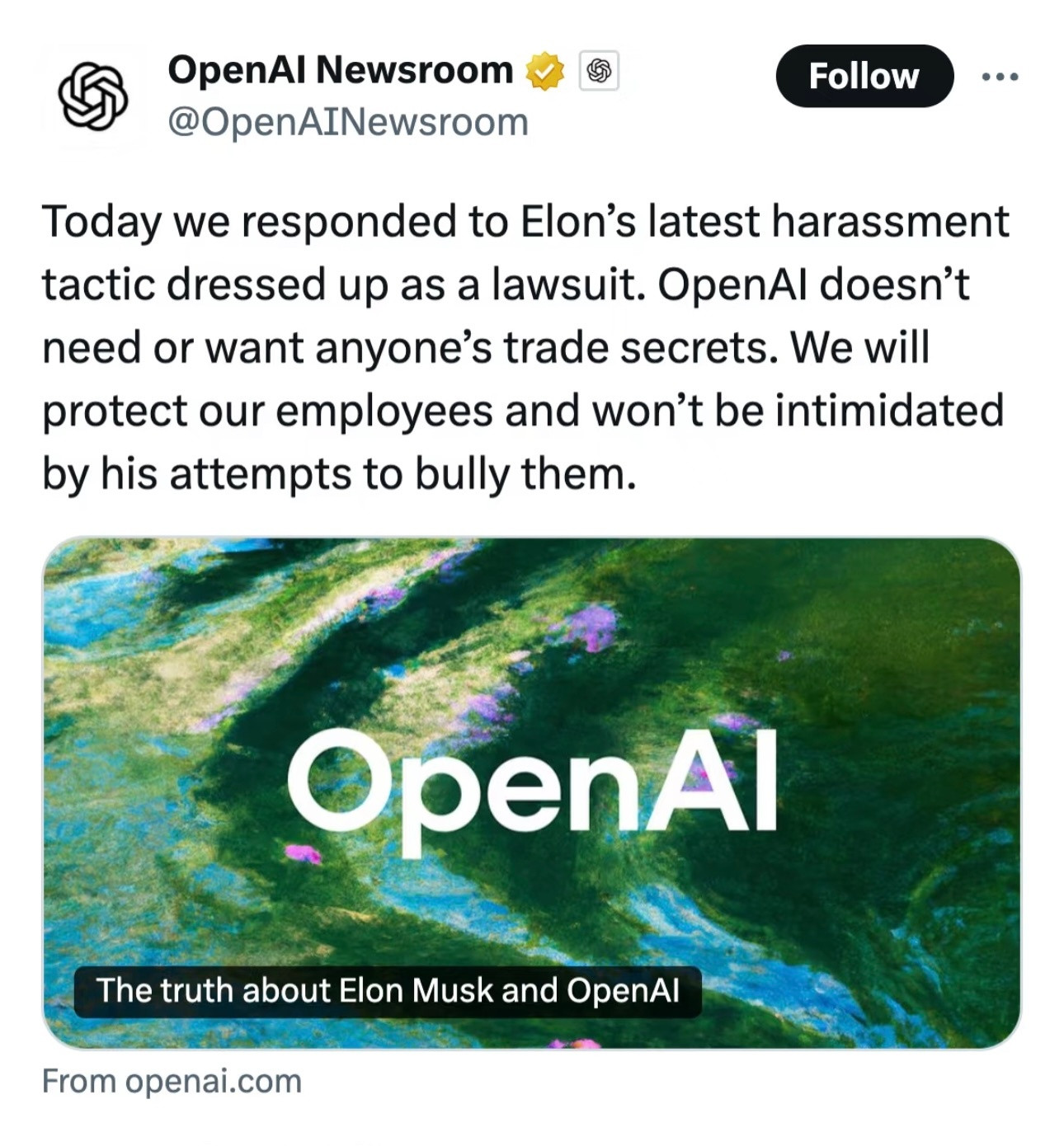 OpenAI强硬回应马斯克起诉：拒绝认错、反控滥用诉权。官方声明直言不会被霸凌吓