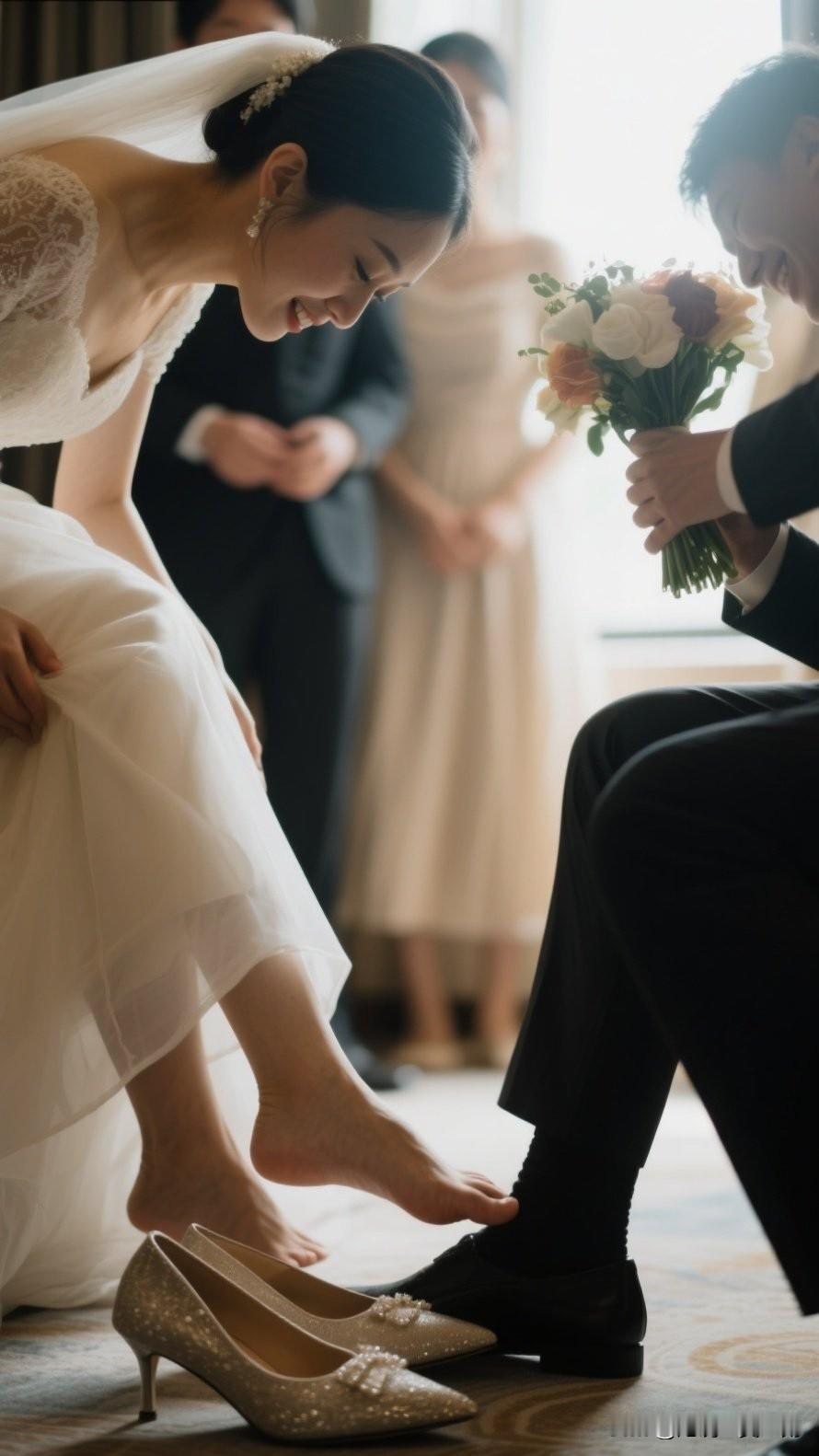 喜结连理的瞬间如梦似幻，瞧那新娘轻柔地穿上鞋子，满溢的幸福感仿佛要从屏幕中流淌出