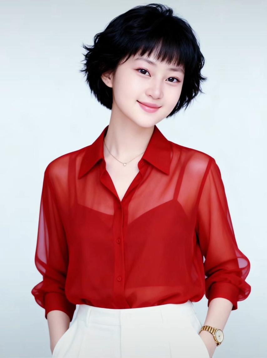 这位小姐姐穿着红色衬衫，搭配白色裤子，显得非常优雅。