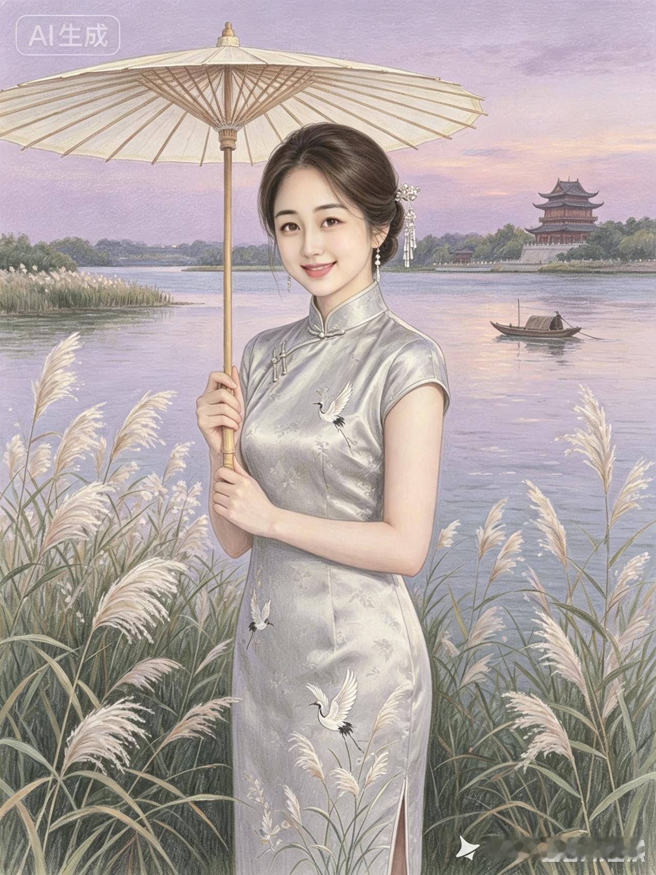 湖畔旗袍美女芦苇苍苍绕水湾，素旗袍上鹤翩跹。轻撑纸伞立堤前，眉眼温柔