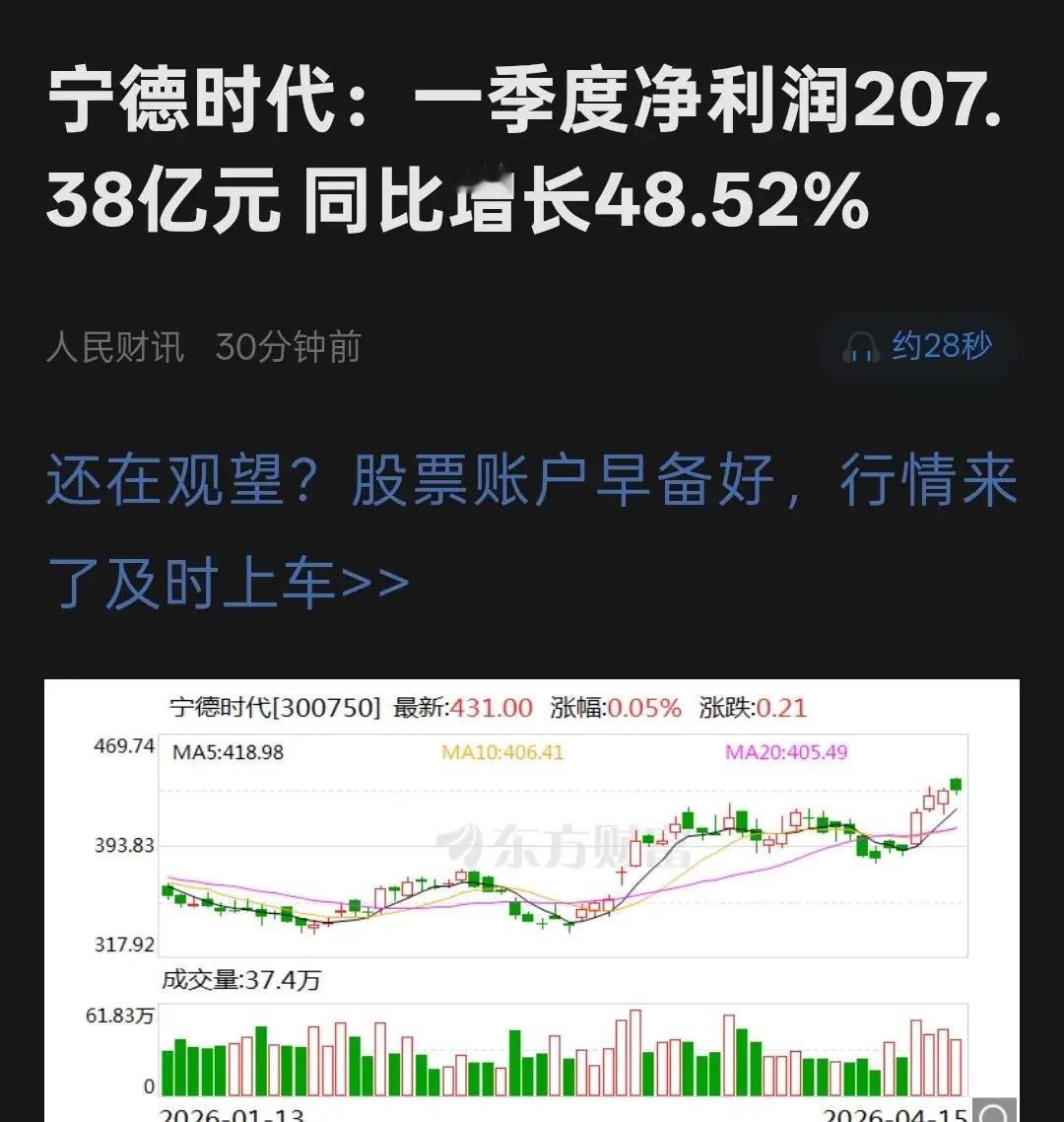 王炸：宁德时代一季度净利润207亿！整个新能源板块都在等待宁王的业绩发布，一季度