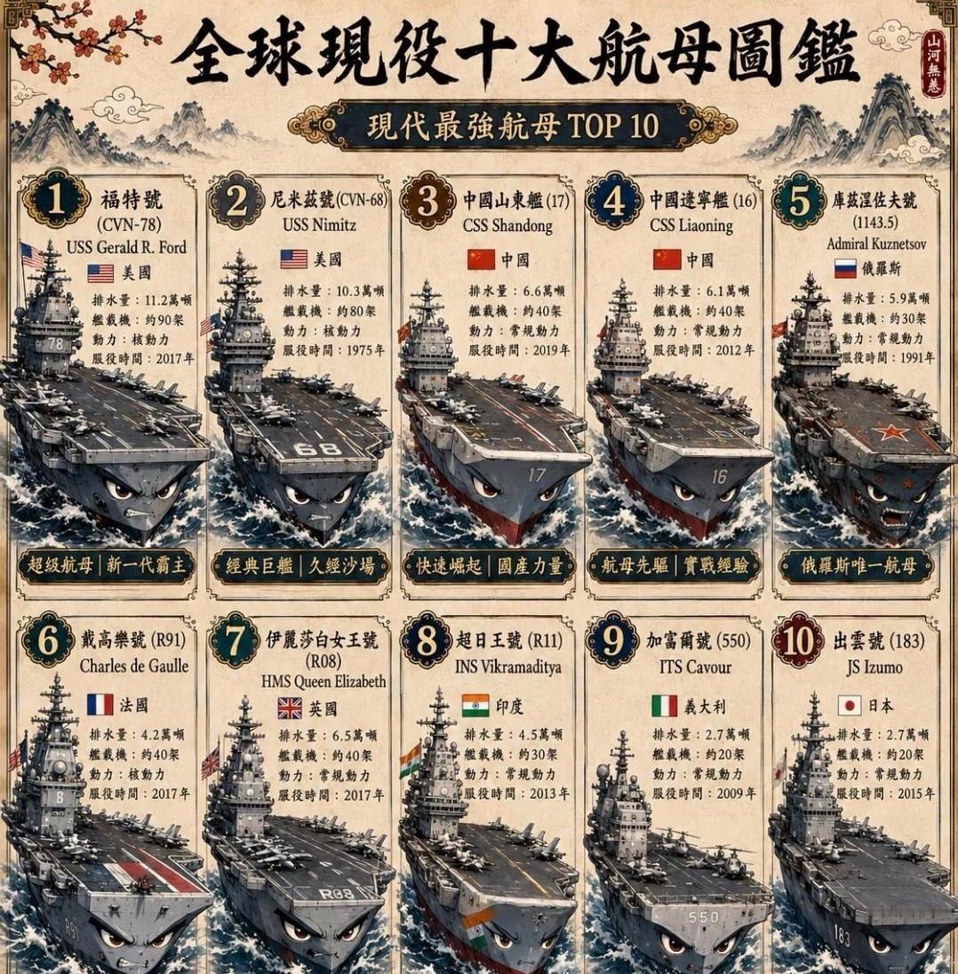 超厉害！超壮观！超漂亮！不得不佩服呀！全球现役十大航母！大家赶快来好好看看吧！1.美国福特号CVN7