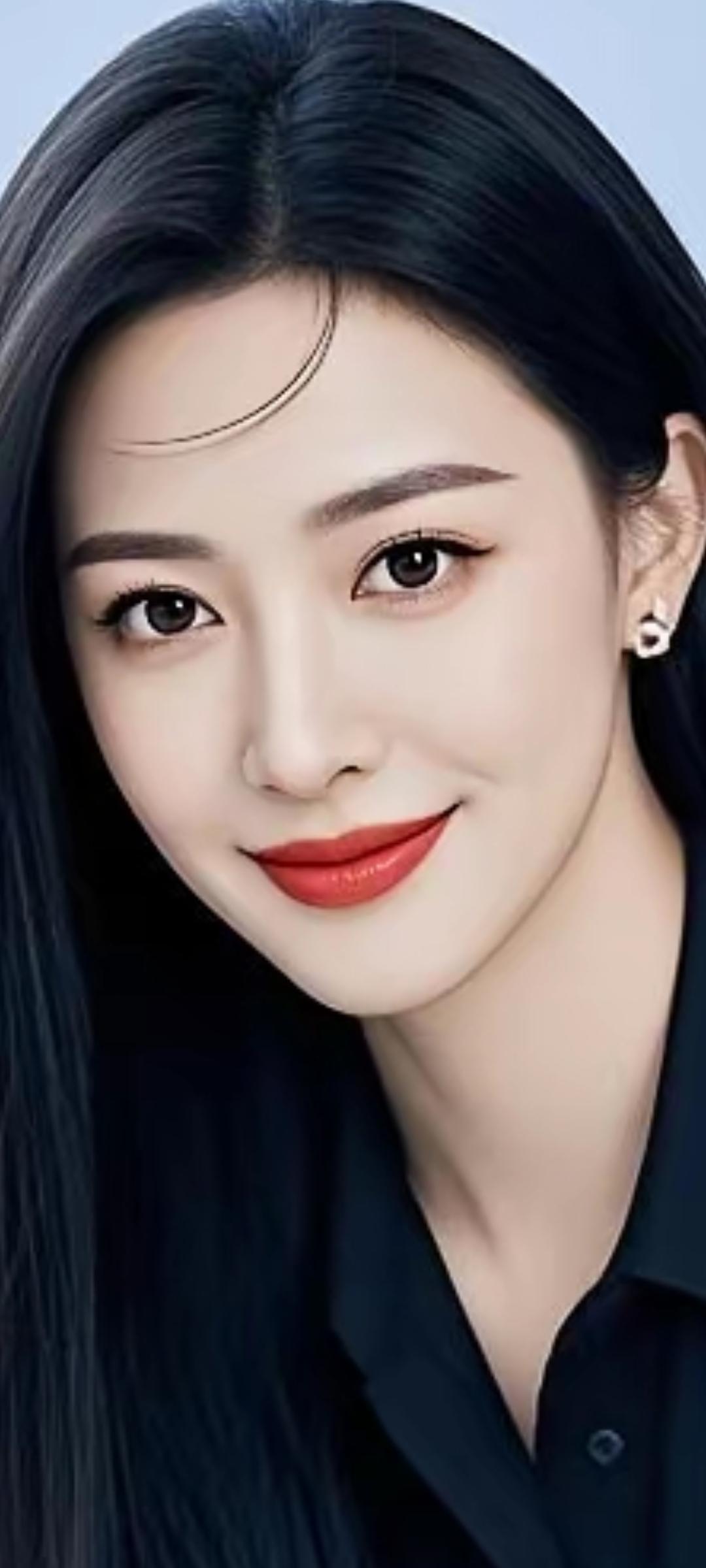 温柔甜美的微笑，红唇与黑发相得益彰，优雅动人！💄💍✨