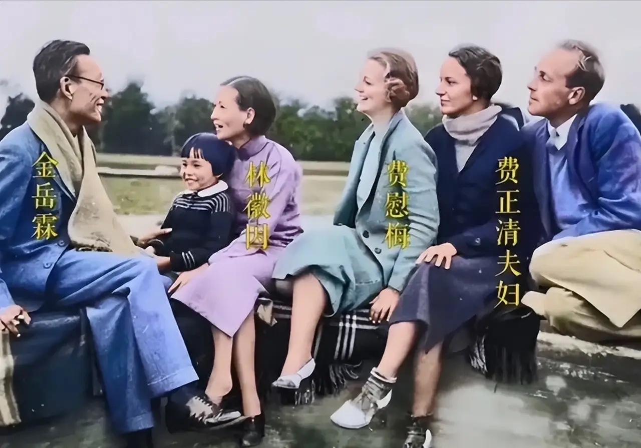 这是林徽因和好友“中国现代逻辑学之父”金岳霖、女儿梁再冰，以及三位国际友人的罕见