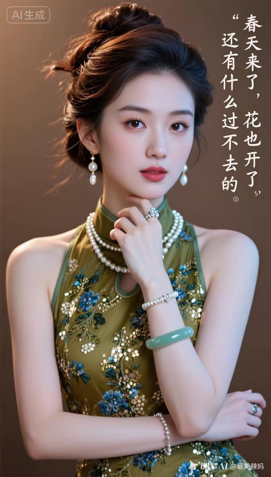 一个穿着华丽旗袍的女士在摆姿势。