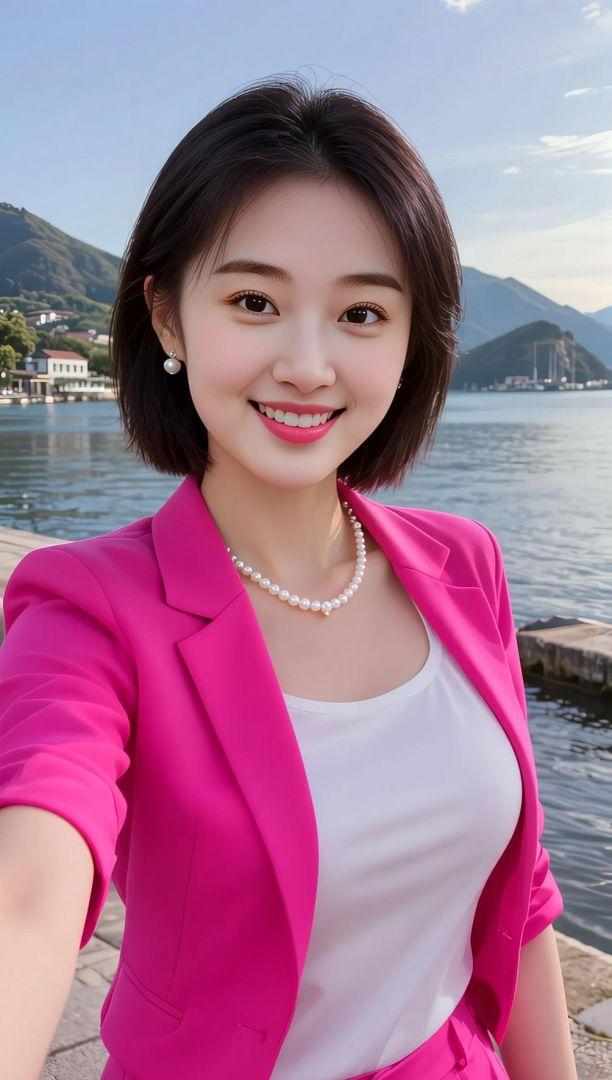 AI山边亮色自拍海边美女海边穿衣自由