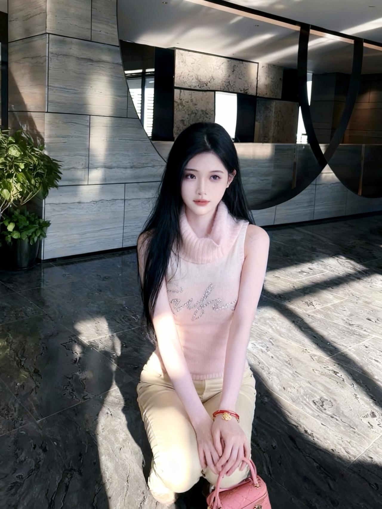 完美身材，粉色毛衣搭配米色裤子，时尚又温柔。穿搭