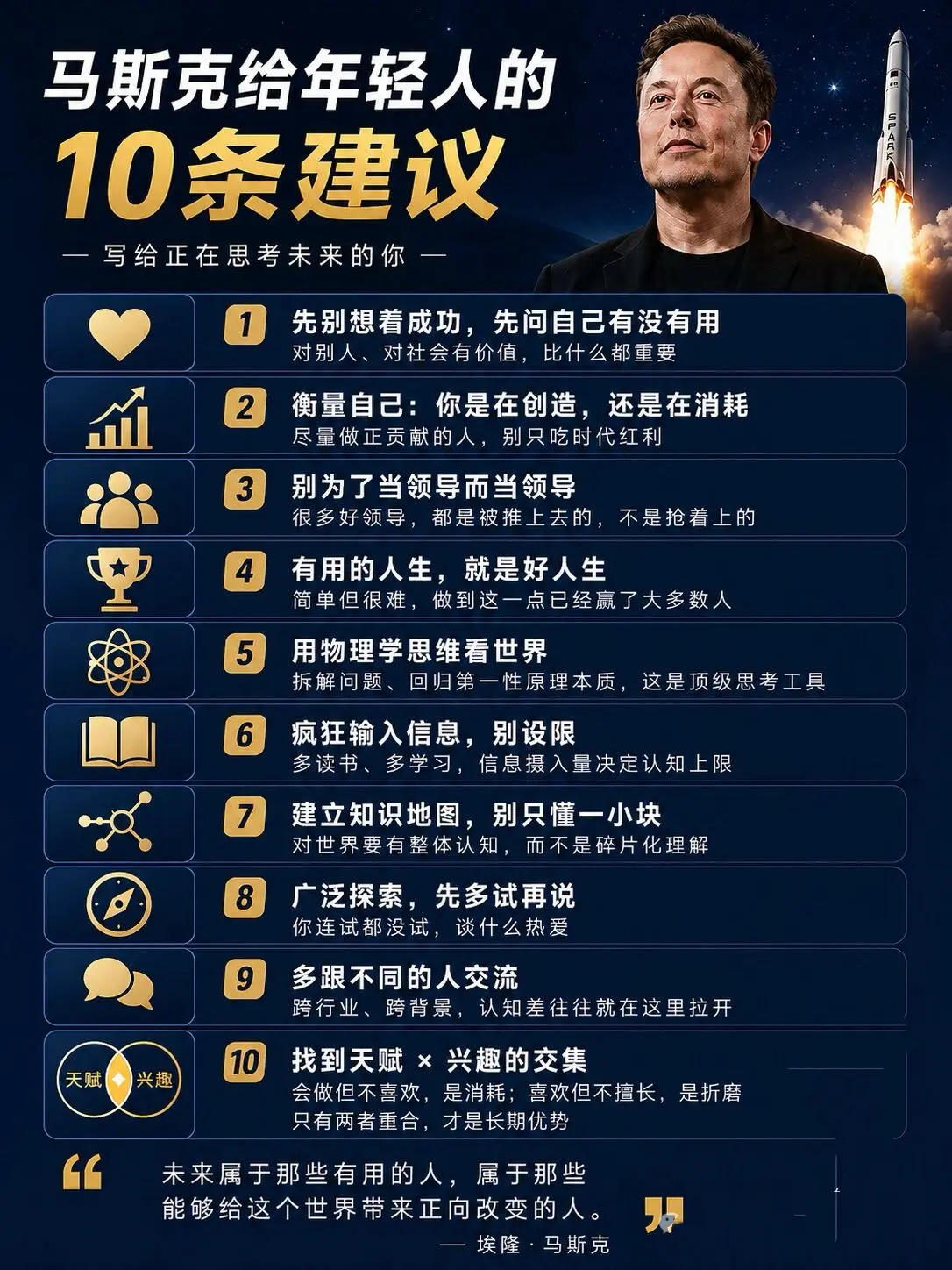 马斯克给年轻人的10条建议。1、先别想着成功，先问自己有没有用 对别人...