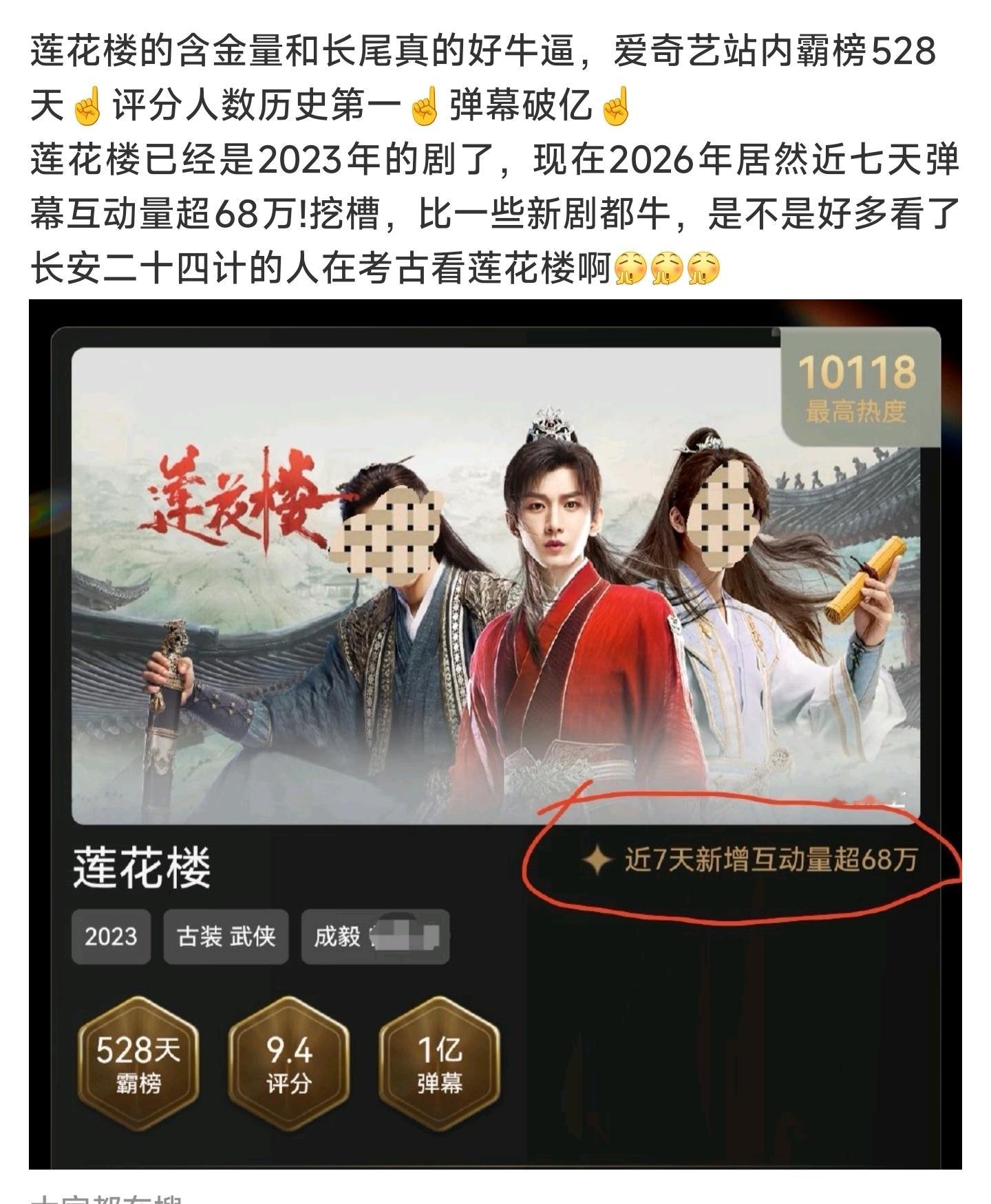 爱奇艺《莲花楼》近7天又多了68万互动量，成毅真的就是爱奇艺金主霸霸的程度！
