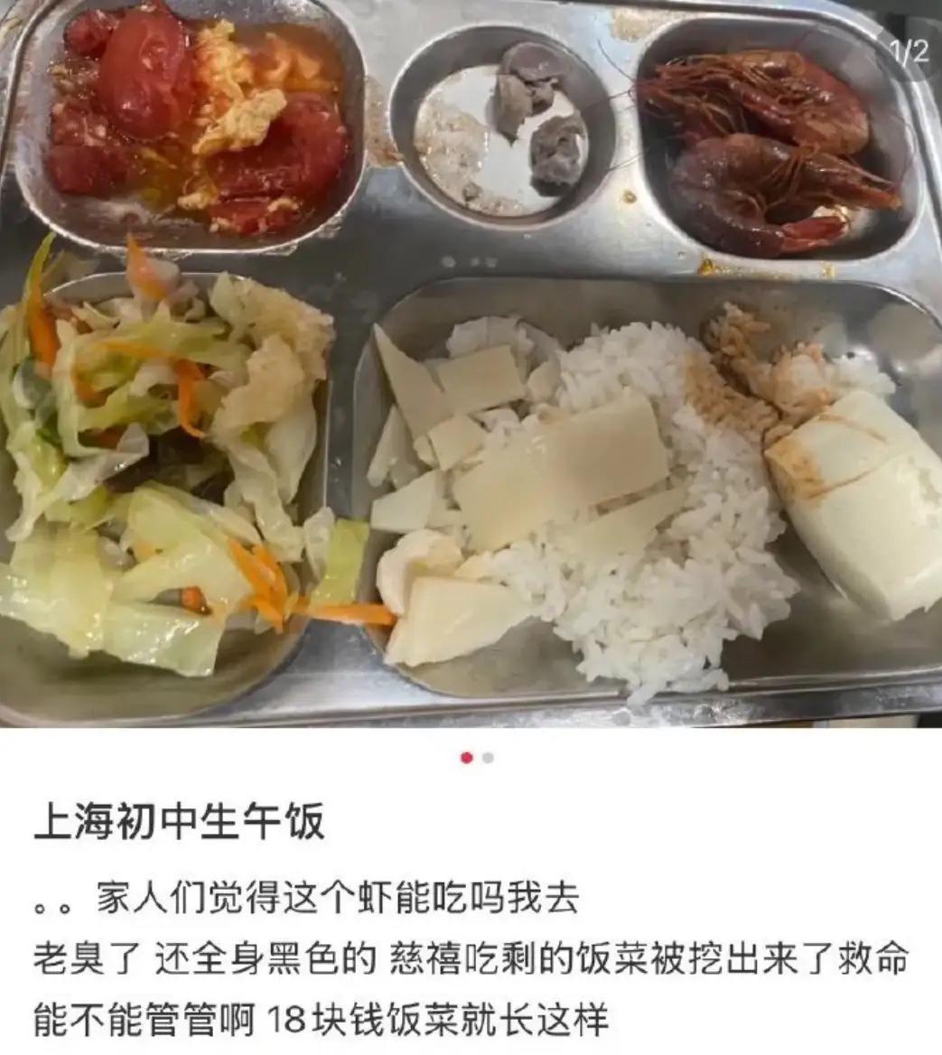 这午餐看得人心里发堵。上海不少中小学生晒出学校饭菜，鸡腿硬得嚼不动，蔬菜味道