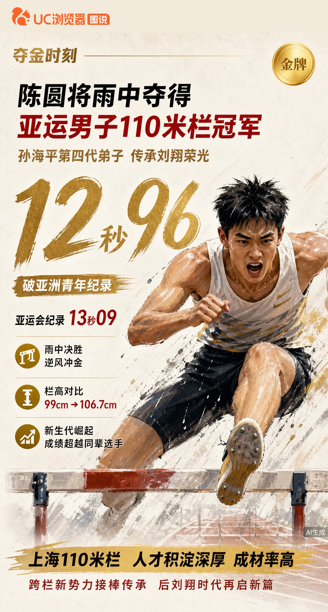 雨中夺冠！20岁陈圆将拿下亚运男子110米栏金牌，作为孙海平第四代弟子，他用12秒96的成绩延续上海