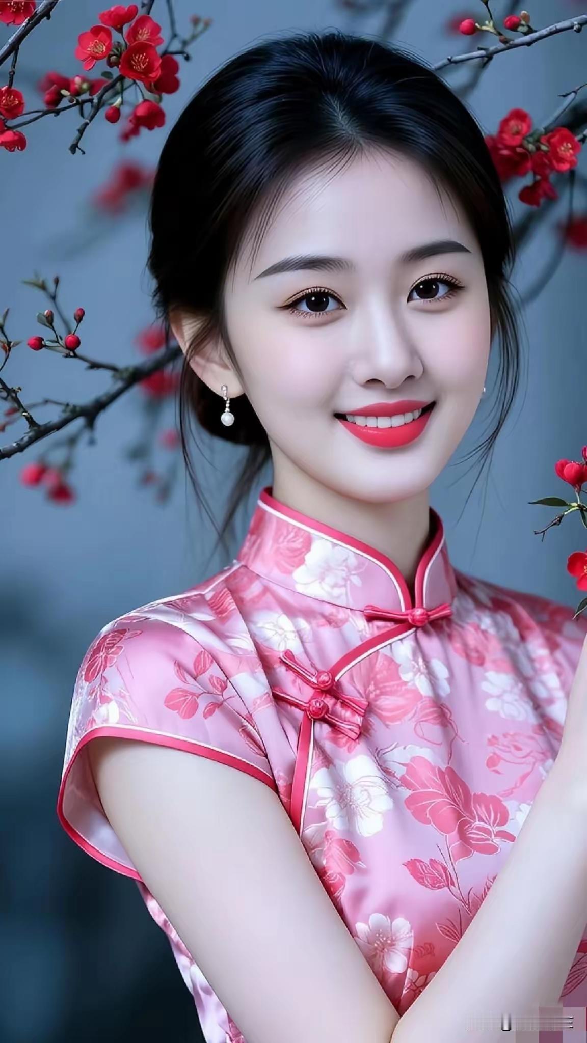 穿旗袍的女孩在花前微笑。