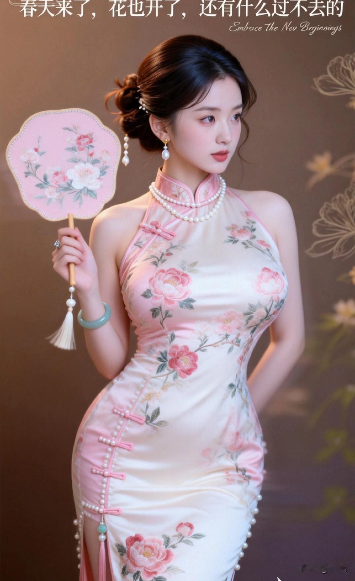 分享美女穿搭服饰挂脖款改良旗袍太绝！珍珠玉镯加持，把温婉气质拉满了减龄中式旗袍