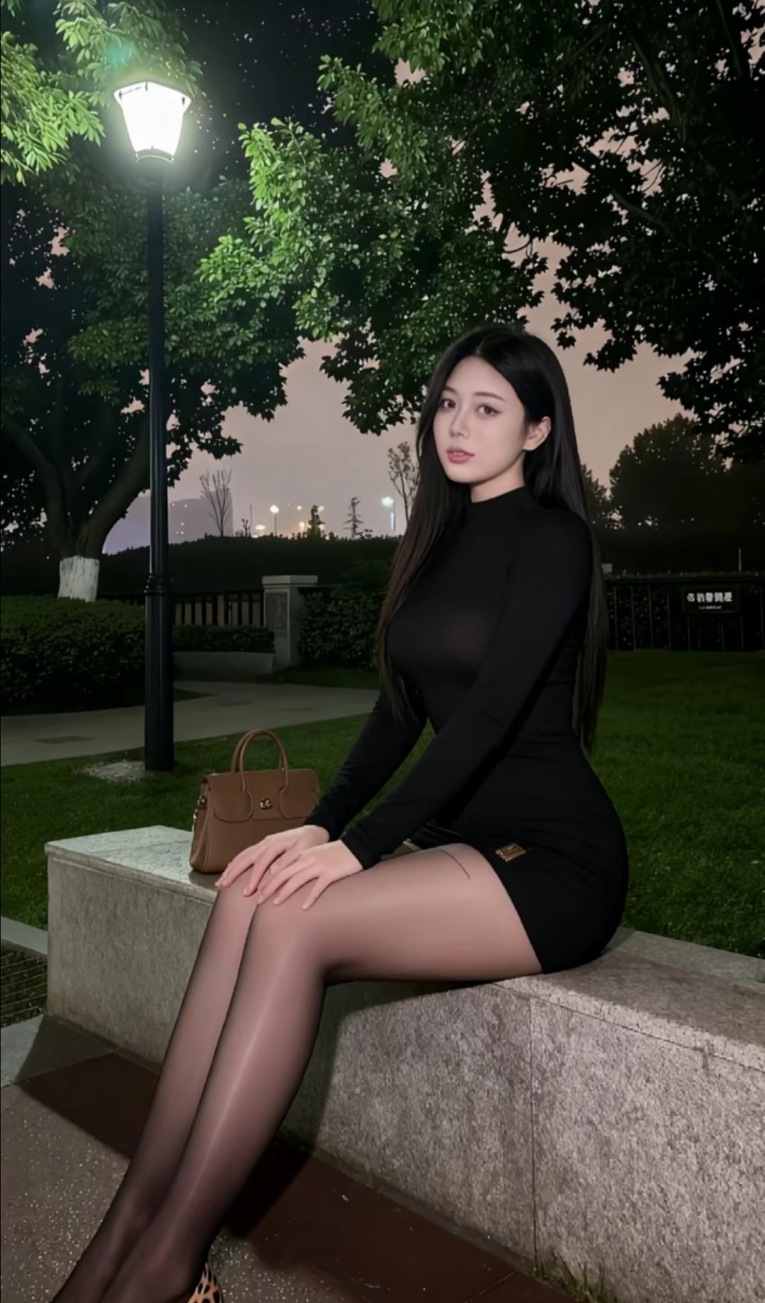 夜晚公园的神秘氛围，黑色长袖连衣裙搭配高跟鞋，优雅而迷人。