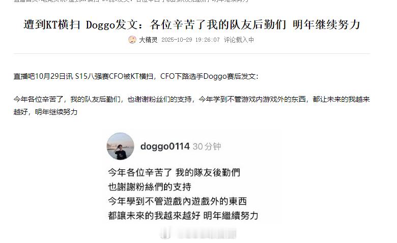 遭到KT横扫Doggo发文：各位辛苦了我的队友后勤们明年继续努力S15八强赛