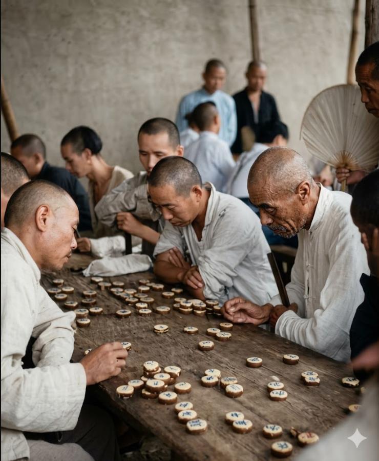 旧时北京民间象棋对局室一众光头老者围坐在长条木案旁，桌上摆满圆瓷面象棋棋子，棋