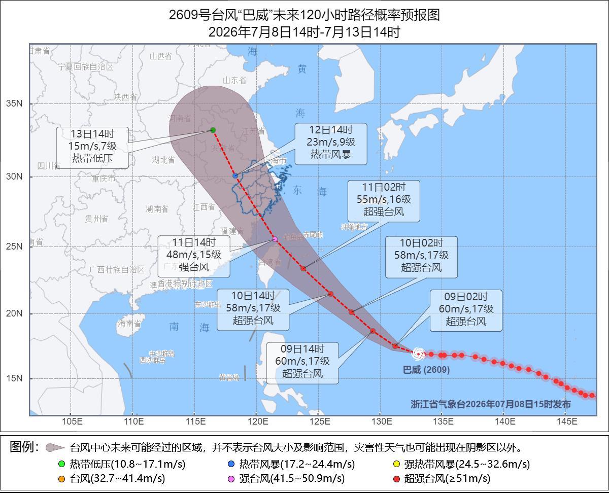 看这个路径图很清晰了台风巴威会在11日12日登陆浙江饮用水、即食免加热食