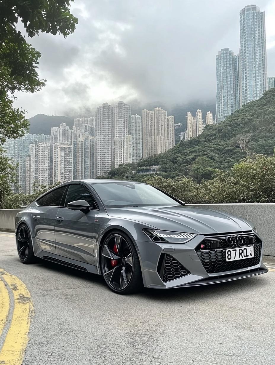 奥迪RS7街头大片，压迫感拉满冷灰色的奥迪RS7配上高楼林立的港风背景，视觉冲击力直接拉满。这车停在