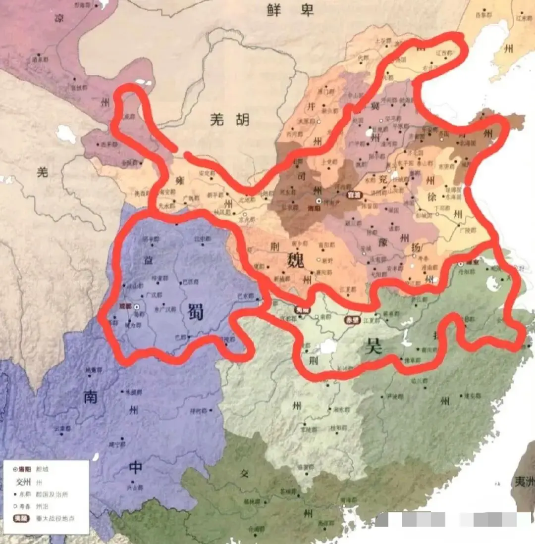 三国时期，魏、蜀、吴实控疆域图。