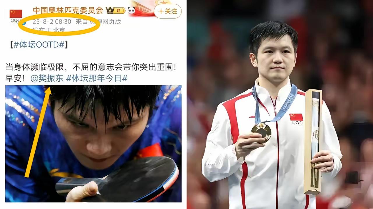 来自国家级认可：樊振东精神！大家注意到了吗？8月2号中国奥委会，配发了一张