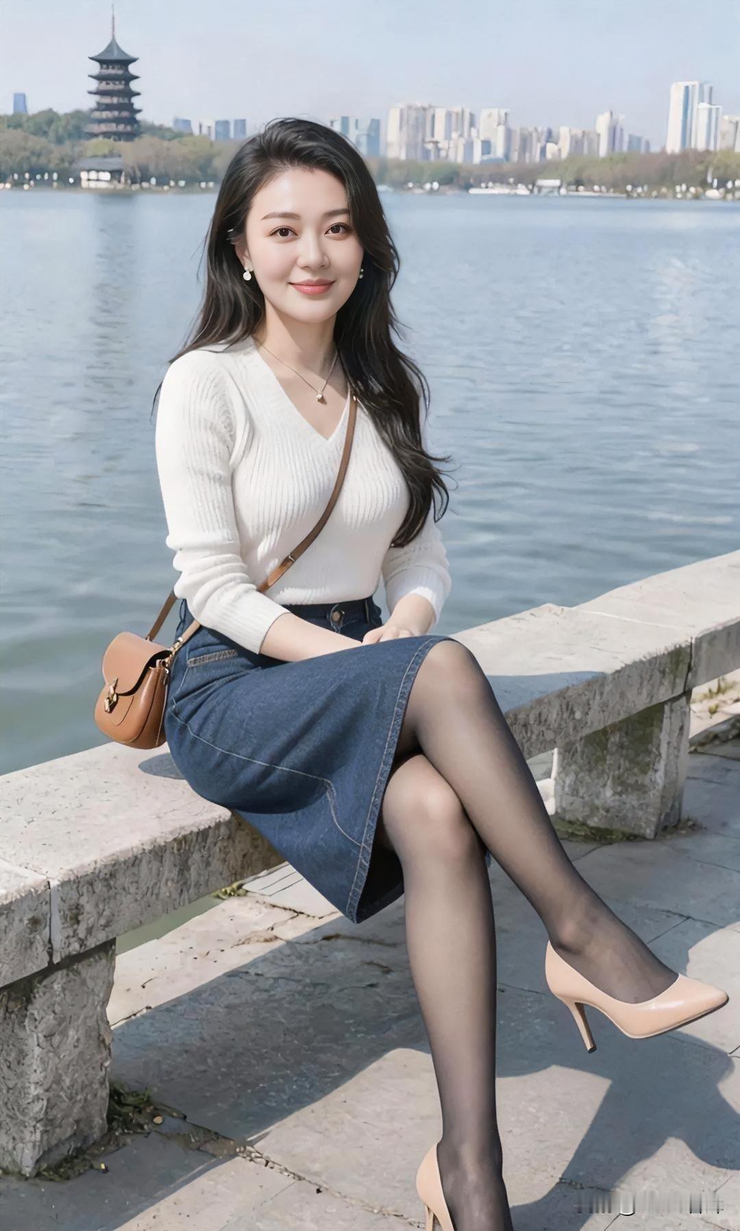 湖畔风轻，白衫吻过春的柔。牛仔裙裁，裁出都市的雅致。黑丝缠，缠住光影的韵