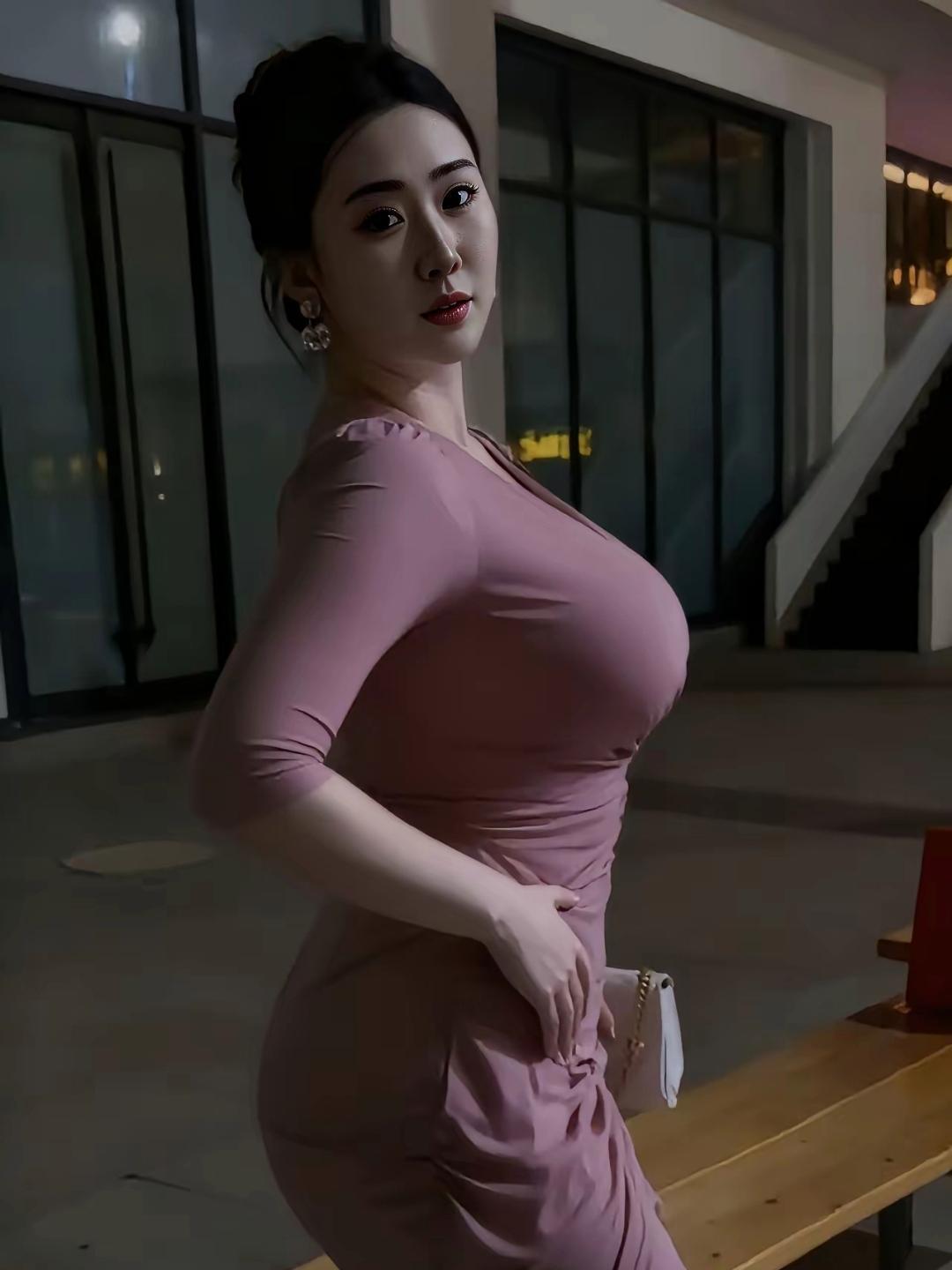 姐姐这身材和气质绝了！淡紫修身裙完美勾勒曲线，胸前饱满、腰肢纤细、臀部圆润，每一