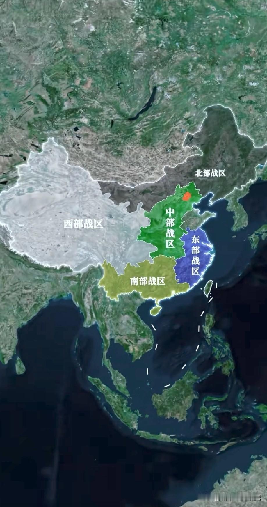 我国五大战区范围示意图，我国五大战区包括中部战区，东部战区，南部战区，北部战区，