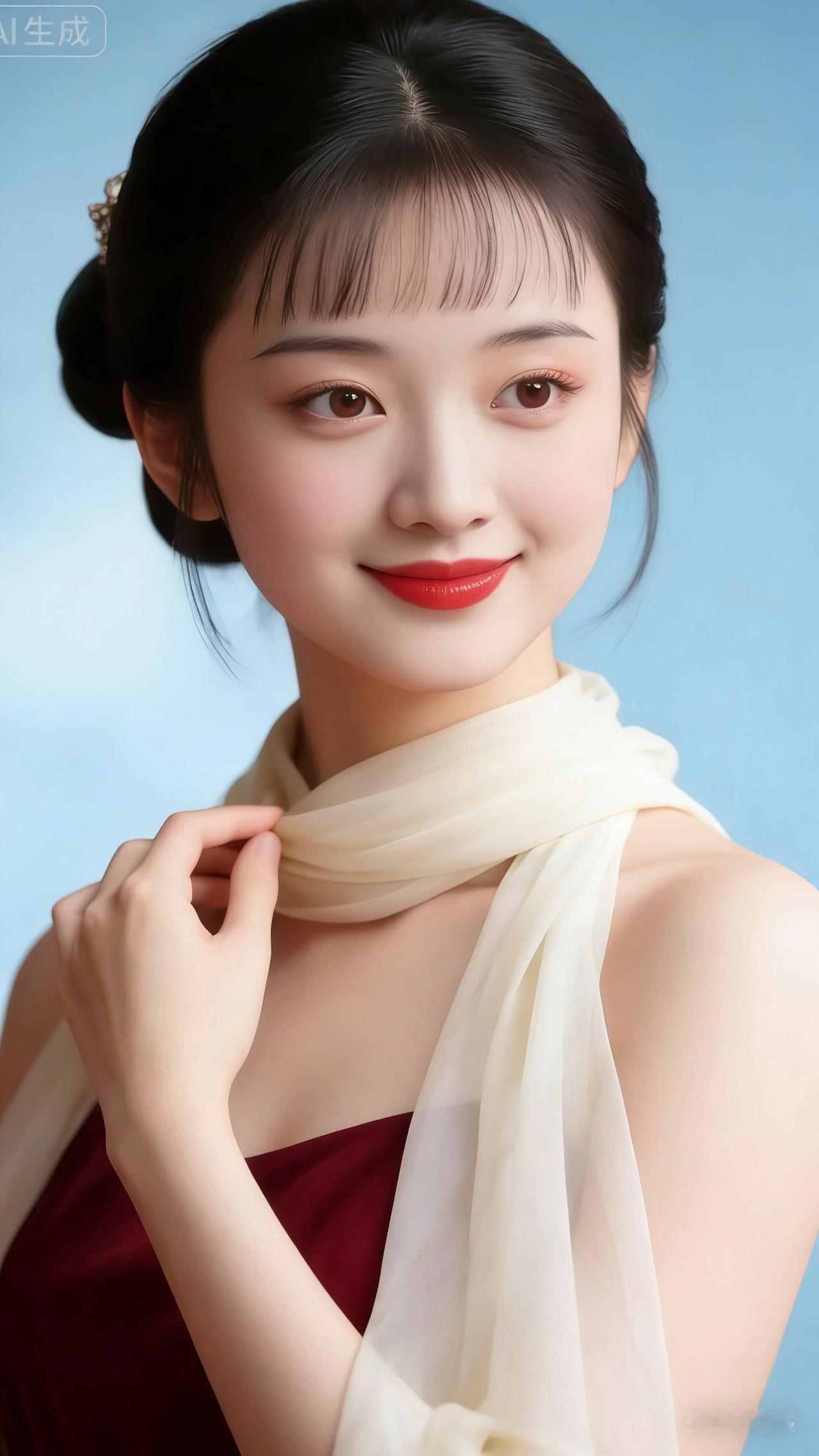 温柔优雅的少女，红唇与白纱相映成趣，尽显古典美。