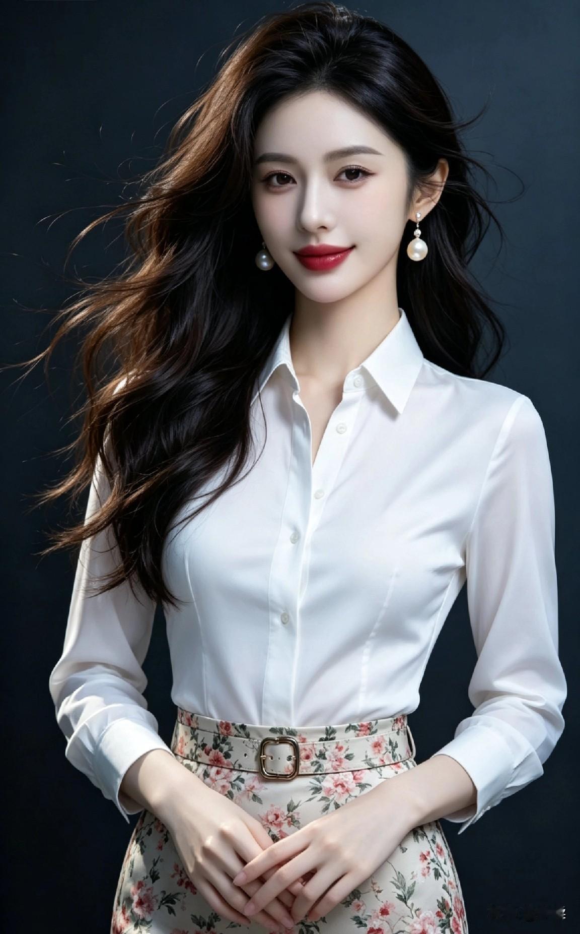 看看气质女神的穿着搭配吧 顺滑白衬衫搭配碎花半裙，简约温柔，珍珠耳饰点缀，轻松打