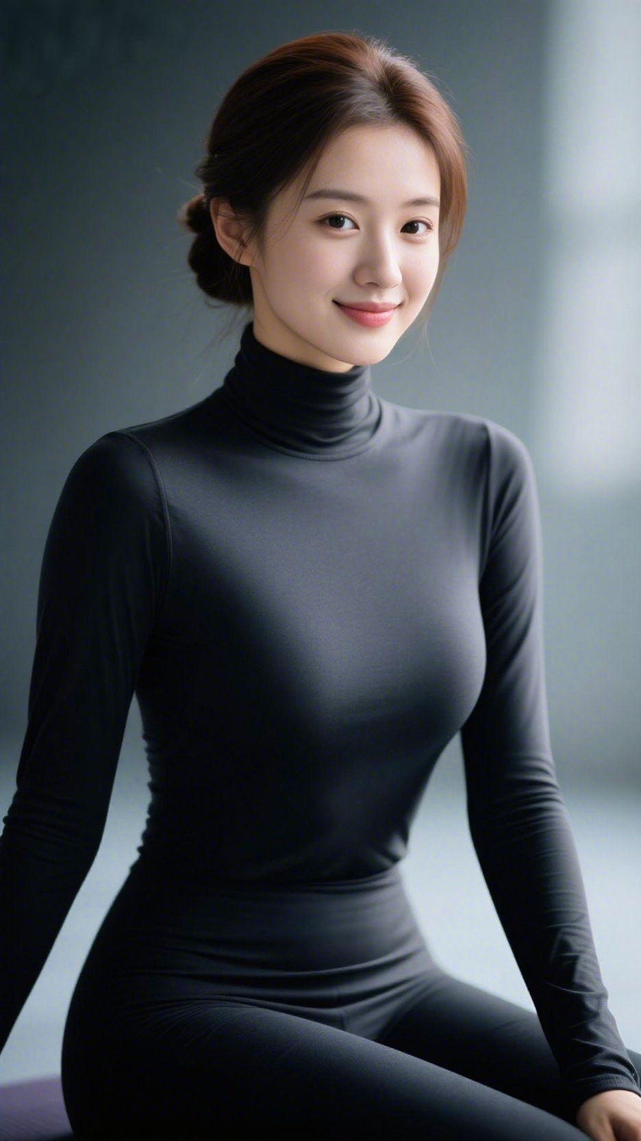 素衣伴轻宁浅灰的空间里浸着软光，她安坐的模样，像把静气融在了素黑衣装里。