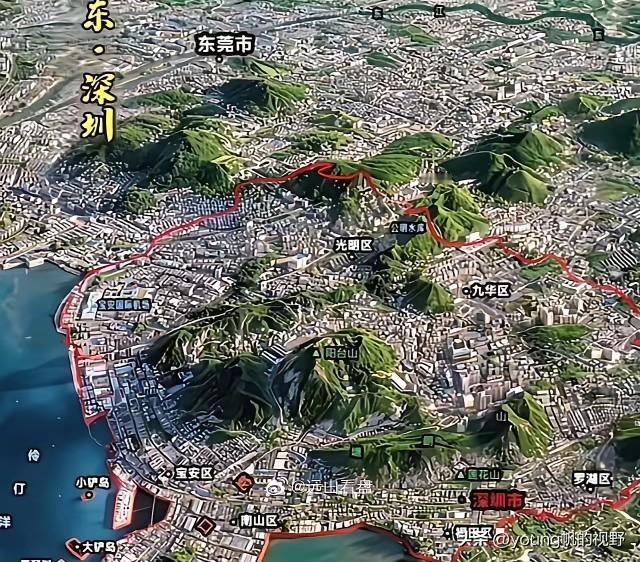 一张电脑生成的珠三角地区的东莞和深圳的建成图。从图中也能看出，目前的深圳和东莞已