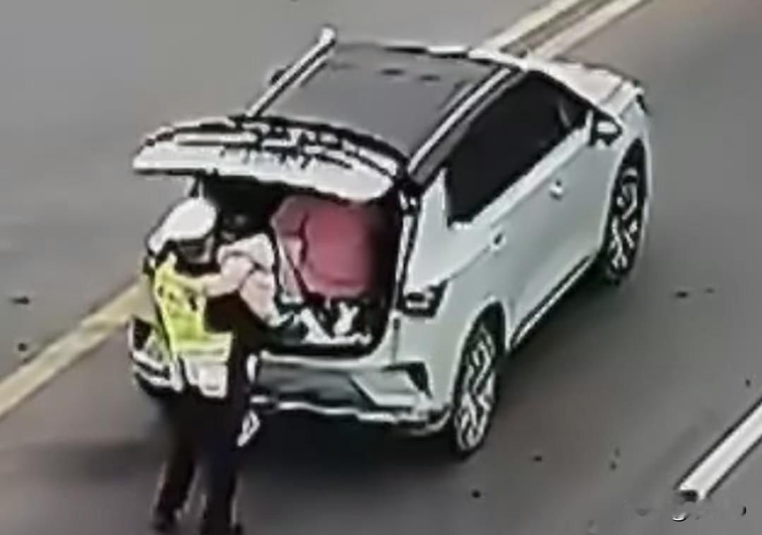 当天民警正在路上正常开展检查，先是注意到这辆白色越野车后排的乘客都没有系安全带，